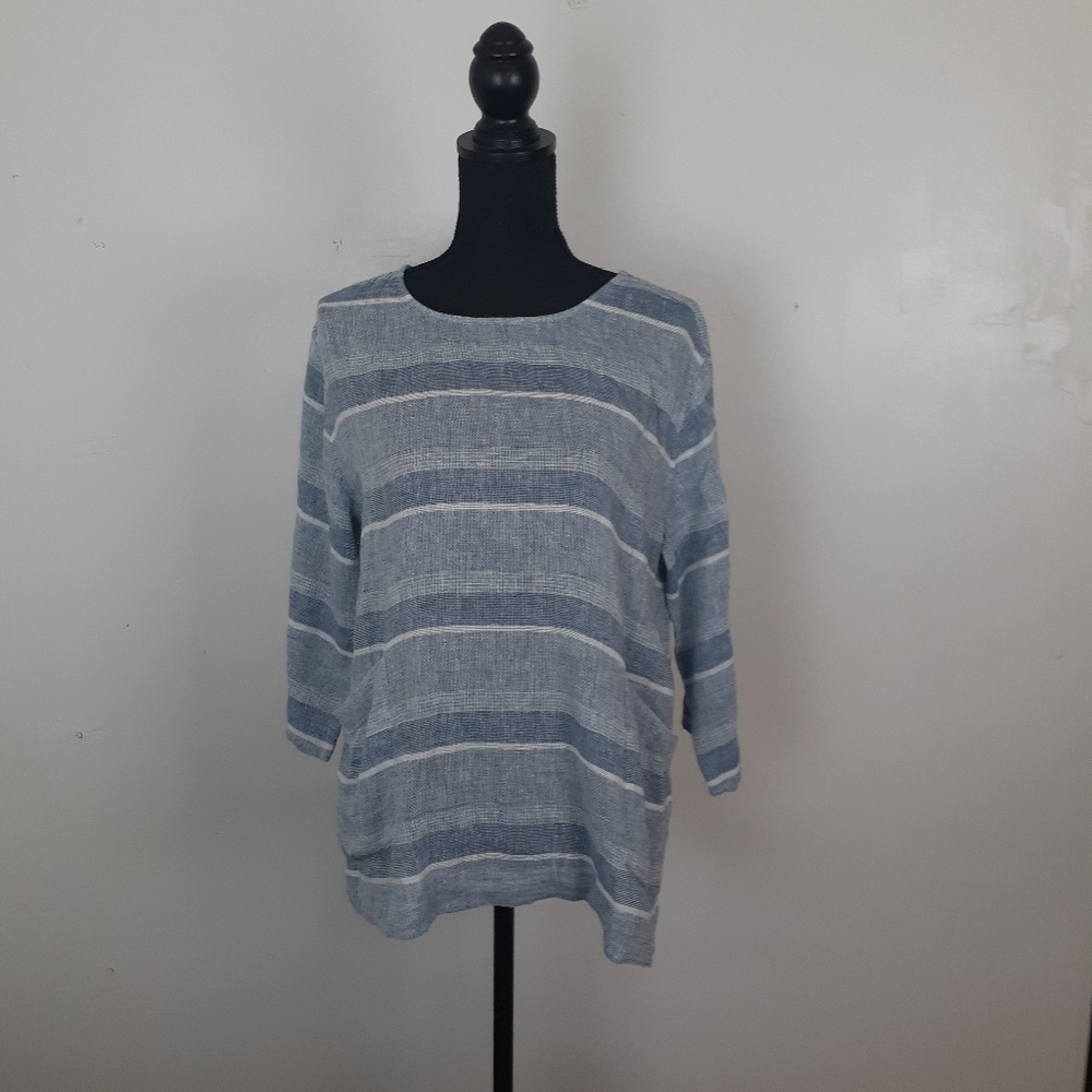 J. Jill Pure Linen Cotton Blend Blouse Pockets Lagenlook Striped Blue Tunic